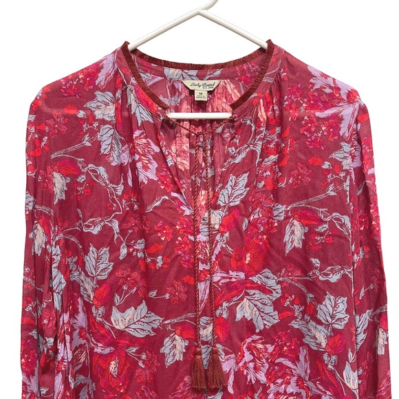 Lucky Brand blouse top medium boho pink red blue pullover ties - Picture 2 of 9